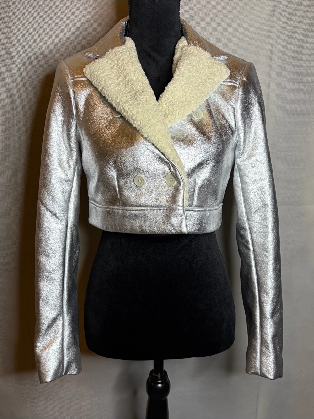 BCBGMaxAzria Silver Cropped Metallic Jacket with Cream Shearling Collar
